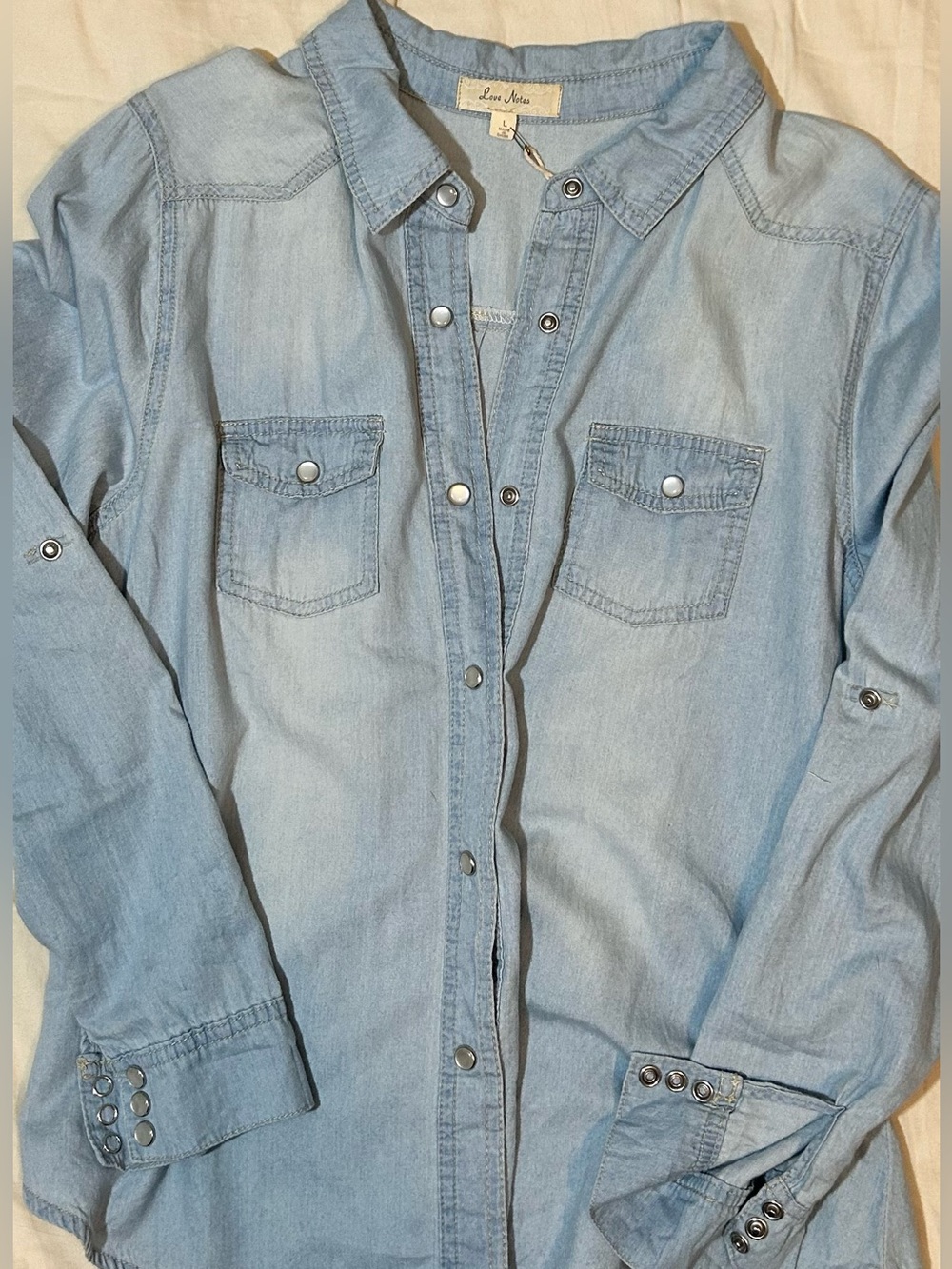 Love Notes Light Blue 100% cotton snap button Down Shirt - Picture 2 of 10